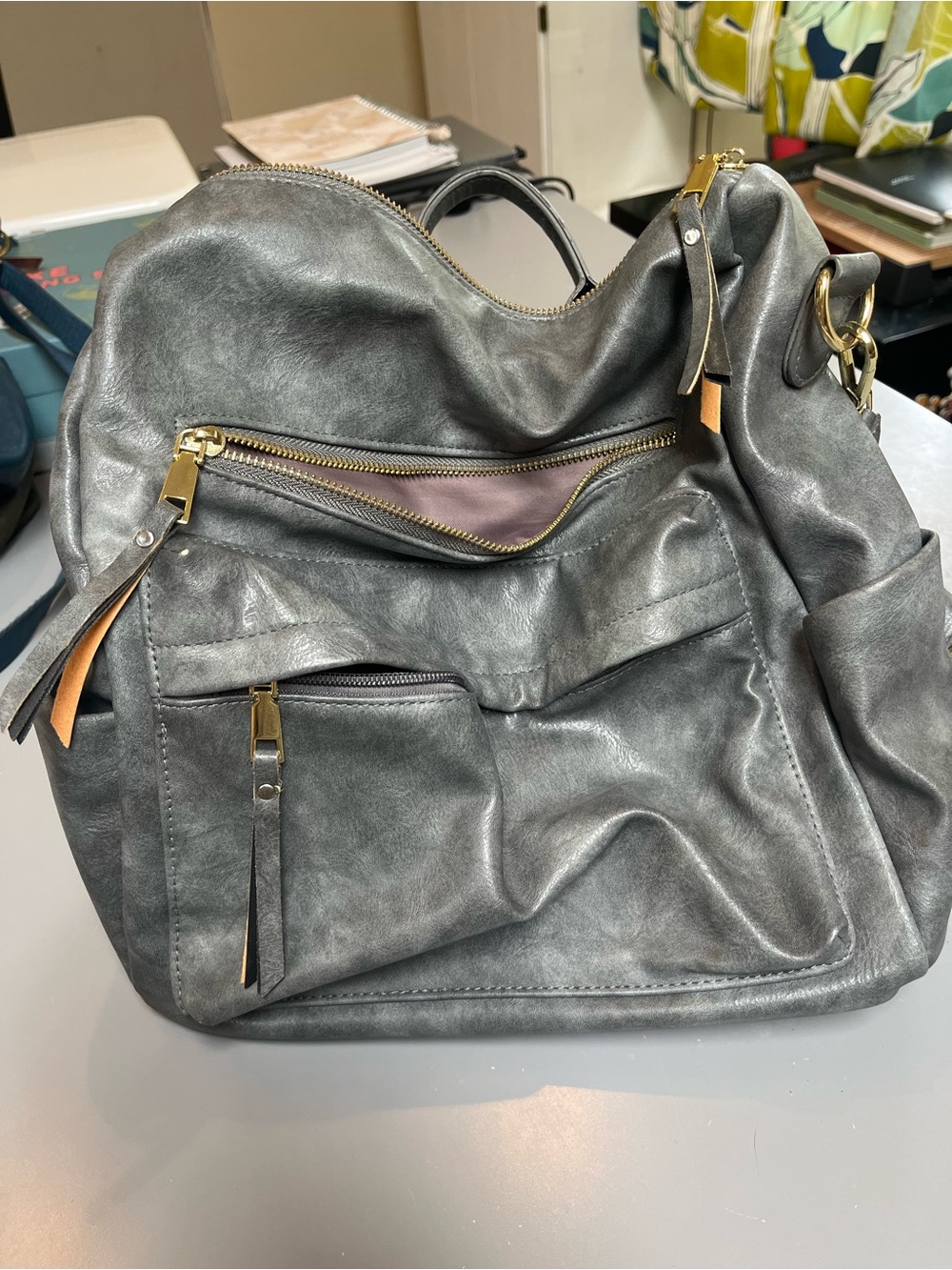 Stylish Gray Women's Leather Tote Bag with Gold Hardware